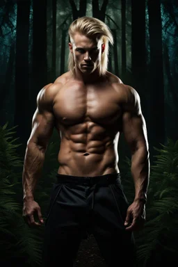 Muscular Alpha male with dirty long blonde undercut hair, and piercing blue eyes. Dark Fantasy dark forest background photo realistic