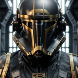 star wars bald male corellian pilot wearing pearlescent black and gunmetal grey First Order special forces heavy assault armor and helmet with gold trim inside the jedi temple, centered portrait, hyperdetailed, dynamic lighting, hyperdetailed background, 8k resolution, volumetric lighting, light skin, fully symmetric details