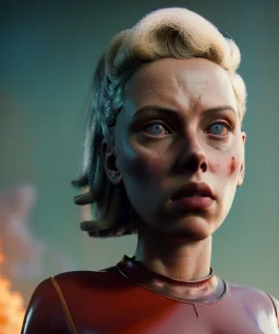 retro sci-fi portrait image from 1990, supermarket parking explosion, fire, scared people, blonde woman walking, young Scarlett Johansson face, tight latex suit, soft color, highly detailed, unreal engine 5, ray tracing, RTX, lumen lighting, ultra detail, volumetric lighting, 3d, finely drawn, high definition, high resolution.