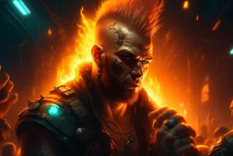 Portrait roi conquerant cyberpunk combattant UFC, incendie en arrière plan