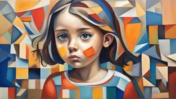 make a painting of a little girl with Attention deficit hyperactivity disorder that cannot have attention in cubism artwork
