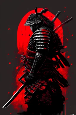 samurai with a katana, into an armor, red black colors,