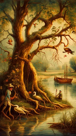 Bosch painting style , old willow tree by the river , a lovely ducks is swimming in the river