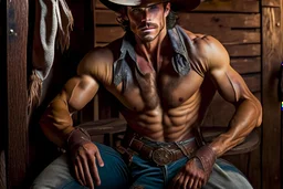 Young rough and rugged muscular cowboy photorealistic in a saloon