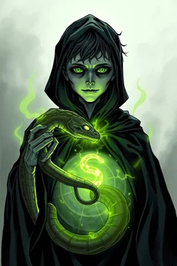 7 year old boy, necromancer, friendly, looks dead,with a long lamprey emerging from his belly , wearing black robes, in the style of Harry Clarke