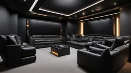 black themed home cinema room, recliners, ambient lighting, warm environment