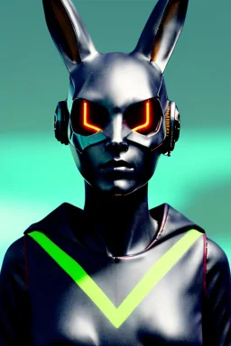 Medium Close Up Portrait, Front image. cyberpunk, rabbit mask, teenager, asian woman, cyber helmet head. Latex dress. Yellow, black, color. Mad max style. Color background, photo studio. Front image, highly detailed, concept art, smooth, unreal engine 5, ray tracing, RTX, lumen lighting, ultra detail, volumetric lighting, 3d, finely drawn, high definition, high resolution.