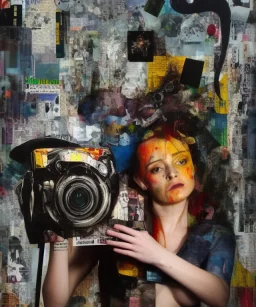 happy beautiful girl holding big proffesional camera in studio. street art, oil on canvas, spray paint, collage, letters, newspapeers, Dave McKean, Vladimir Fedotko, Saturno Butto, Vaughn Bodé, Frank Wu, James C. Christensen, collage, dirty, paint dripping, radiant