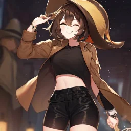Clear focus, High resolution, short brown spiky hair, hair between eyes, eyes closed, wearing a brown detective hat, wearing a brown jacket and a black shirt, wearing black shorts, 1girl, pulling hat down, smiling