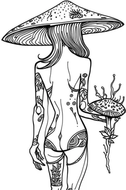 mushroom girl idea, line art, background, vector, svg, black outline on white background, leave plenty of white space beetween lines for coloring, tattoo style, tattoo idea,full body, minimalist