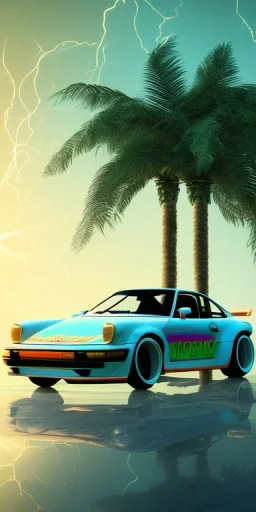 1980's aesthetic vaporwave palm trees and spheres and glowing Porsche with lightning