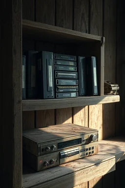 "A very old paints cracked dirty abandoned of very old VCR tapes as junk on a dusty old wooden shelf ,below it another shelf has a Old rusty VCR device , insanely detailed octane render trending on artstation, 8k artistic photography, photorealistic concept art, soft natural volumetric cinematic perfect light, chiaroscuro, award-winning photograph, masterpiece, oil on canvas, Raphael, Caravaggio, Greg Rutkowski, people, beksinski, Giger