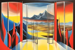 a surreal open glass gate in a glass wall with a view of a desolate landscape, storm, strong contrasts, by artist "Leonora Carrington",by artist "Zaha Hadid",These colors are bold, vibrant, and intense, including shades of primary colors such as red, blue, and yellow.