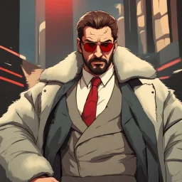 a young man with big muscles who looks like hans gruber wearing a heavy coat and red sunglasses staring with an angry look on his face