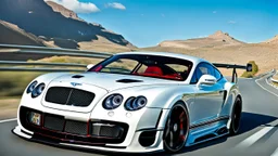 A sleek white shiny (((Bentley Porsche GT 2024))), its contours and details perfectly captured in a (((cinematic view))), zipping along a winding road under a beautiful blue black night sky