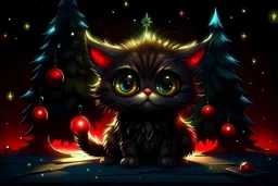 fluffy big eyed kitty sith lord in the death star command centre, and detailed Christmas tree with red and gold trimmings, beautiful star on top of tree, gifts underneath tree, toys underneath tree, cinematic eye view