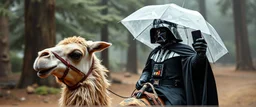 dart vader riding lama with umbrella taking a selfie