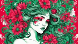 ink design, flower woman, red, green