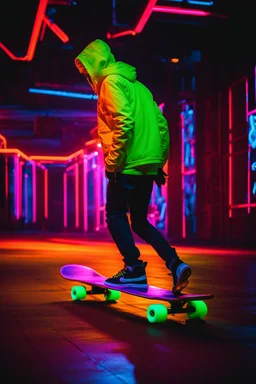 a neon photograph of a man on a skateboard, neon art, neon art style, neon digital art, colorful neon lighting, neon glow concept art, blacklight poster, fashion neon light, neon background lighting, neon electronic signs, neon graffiti, background with neon lighting, made of neon light, cyber neon lighting, neon dark lighting, neon lighting, splashes of neon