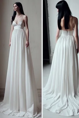 A very long wedding dress similar to Greek dresses with long black hair Photorealistic