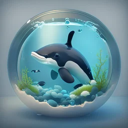 A cute little orca in a small circular fish tank.