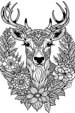 portrait of deer and background fill with flowers on white paper with black outline only, style mandala