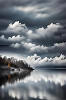 Landscape, lake, clouds, silver sky.