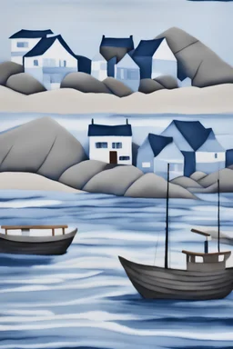 Shibori fabric art, Coastal retreat, A textile artwork featuring the Japandi concept of a coastal retreat, with waves crashing against rocky shores and traditional Japanese fishing boats juxtaposed with Scandinavian-style beach houses, using shibori techniques for a unique textural effect. Shibori, coastal fusion