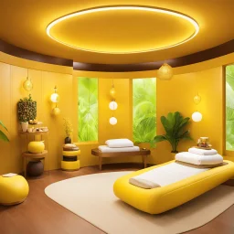 a vibrant massage room in action, where one can indulge in the full service experience. Envision yourself adorned in a yellow leotard, surrounded by an atmosphere of relaxation and luxury. Special toys and tools are at your disposal, enhancing the rejuvenating journey within this serene setting.