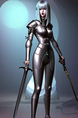 full body picture of a skinny woman with a bob, in silver armour, holding a curved sword, futuristic steampunk background