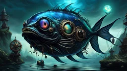 A gritty, full-body shot of an insatiably evil black opal iridescent pearlescent dark anglerfish alien hybrid with a steampunk lure in a surreal landscape, with sharp ivory teeth, macabre, Dariusz Zawadzki art style, liminal spaces, horror art, dark gaming background, wet, glossy, horror art, trypophobia, eerie, intricate details, HDR, beautifully shot, hyperrealistic, sharp focus, back lit, 64 megapixels, perfect composition, high contrast, cinematic