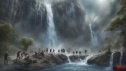 Zombies falling down a 1.000 feet high waterfall. fantasy setting, horror.