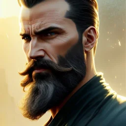 "MIddle aged white human male, with a trimmed but uneven beard, piercing green eyes with slick back hair, head and shoulders portrait, 8k resolution concept art portrait by Greg Rutkowski, Artgerm, WLOP, Alphonse Mucha dynamic lighting hyperdetailed intricately detailed Splash art trending on Artstation triadic colors Unreal Engine 5 volumetric lighting Splash art fantasy"