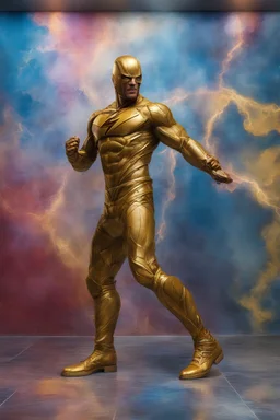 the Flash, Gold boots, extremely huge, overexaggerated muscles, posing and flexing in a front of the camera, random extreme action poses, an extremely colorful, multicolored foggy blue marble wall in the background with a colorful marble tile floor, multicolored lightning, realism engine,