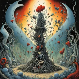 The Trial of bleeding hearts and hammers, by Gerald Scarfe, by Emek, by Skottie Young, surreal mindbending illustration, dramatic, heavy dreamy colors, Pink Floyd aesthetics, cosmic drama, trippy album cover art