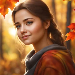 beautiful young girl, 15 years old, looking at the sunlight in autumn, forest, beautiful face, best quality, soft smiling ,portait, very cute, water coloured painting, Award winning photography illustration dynamic lighting 8k, very cute, fantasy, fantastic view , colourful Nikon850