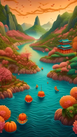 一件令人惊叹的3D艺术品，以盛开的中国广东河源桃花为特色，具有复杂的细节、鲜艳的色彩和宁静的自然背景。该作品以丰富的有表现力的笔触展示了中国传统艺术的影响。以其优雅和高质量的渲染在Artstation上流行。