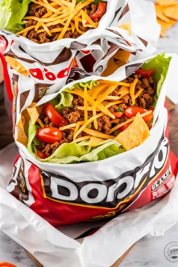 "Taco in a Bag" which consists of an open Doritos chip bag with sides rolled down, containing Doritos chips and cooked ground beef and lettuce and shredded cheese and chopped tomato pepper and onions and topped with more nacho chips, food blogger photography