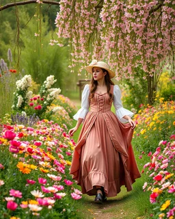 create a video , in a pretty nature of conuntry side a big mas of ramdom pretty flowers fall down and a beautiful lady in victorian clothing comes out and walks with cute in the flowers garde