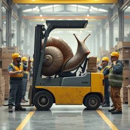A giant snail in a factory driving around in a Atlet forklift, and are in the way for every worker, other angry workers stands around the snail and yell at him, pointing and give him the middle finger