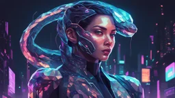 A futuristic cyberpunk illustration of a sleek, female polygonal snake with iridescent scales, glowing neon eyes, and digital circuit patterns running along her body, set in a dark, dystopian cityscape.