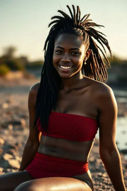 Chiaroscuro lighting, rich, deep colors, create a photorealistic portrait of 21-year-old adult woman, Sebrina Cashwell, with a black Native American Indian styled Mohawk hairstyle, and an hourglass figure, wearing a modest red knit string bikini with high-waisted bottoms and a bandeau top, sitting by the Earth in the late afternoon, smiling, natural sunlight casting warm, golden light across her face revealing the texture of her skin, sharp focus on her eyes showing depth, reflection, moisture,