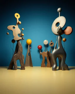 Fotografia di una superficie piatta di colore azzurro chiaro e giallo pastello, su cui si ergono enormi surreali strutture di forma astratta e surreale, di metallo, di colori vari, forti contrasti. Buio. Joan Miró odd style. Strong 3d deep field. Oscurità, paranoic, obsessive, homologic, phobic, nightmare, notte, glossy, hasselblad h6d400c --ar 85:128 --v 6.