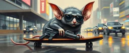 master oil painting by Rembrandt, pen outline and airbrush,the tilted quilter,glasses and ticks, cyberpunk imagery synchronized mechanical stylized fluffy gremlin rat bat laying low holding a few guns barely hanging on, drumming kit flat board trike flickering stable core, wet reflective salt flat city, fast motion blur background, translucent tube cars, technocracy mega tv