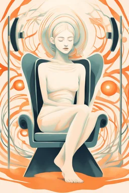 An ethereal, futuristic illustration of a woman in a state of musical immersion, with her eyes closed and a serene expression. She sits in a living chair that is alive with organic shapes and glowing orange elements, ready to embrace her. The background is soft and surreal, contributing to the otherworldly mood.