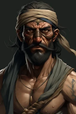An incredibly muscular, Gypsy man. He is blind and wears a strip of cloth covering his eyes. He carries a single, massive broadsword. His face shows a look of grim determination.