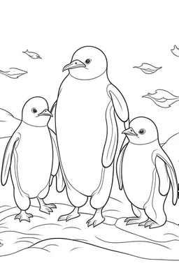 adorable penguins in the icy Antarctic, clean line art, monochrome, for kids coloring book, white background