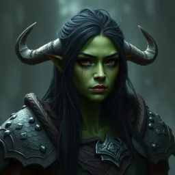 A digital illustration shoot from a portrait camera angle about a portrait of a young orc woman with dull green skin. In the middle of the image, a 20 years old orcish woman, appears to be looking at the viewer lost in thought. she has long black hair, red eyes, and is wearing armour. Fantasy, skyrim, magic
