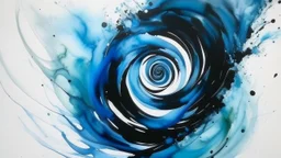 watercolor painting, Swirling, ebony river of ink snaking across pristine, ivory pages, cold blue neon color scheme, cold light tones, blue tones, flash light, creative, detailed brush stroke, minimal spalsh