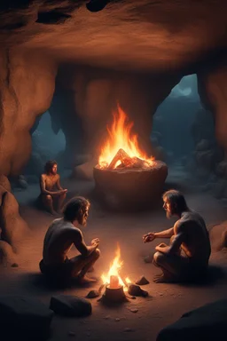 Stone Age men sitting around fire in a cave underground supernatural paranormal abandoned desolated ancient monuments candles night nighttime view unreal engine beauty beautiful the render photography sharp sharpness light lightning effects realistic surrealism surrealistic future futuristic fantasy fantastic artificial intelligence ai digital art artistic artwork wallpaper portrait legend legendary imagine imagination epic iconic cool wow artist mysterious aura atmosphere adventure interest